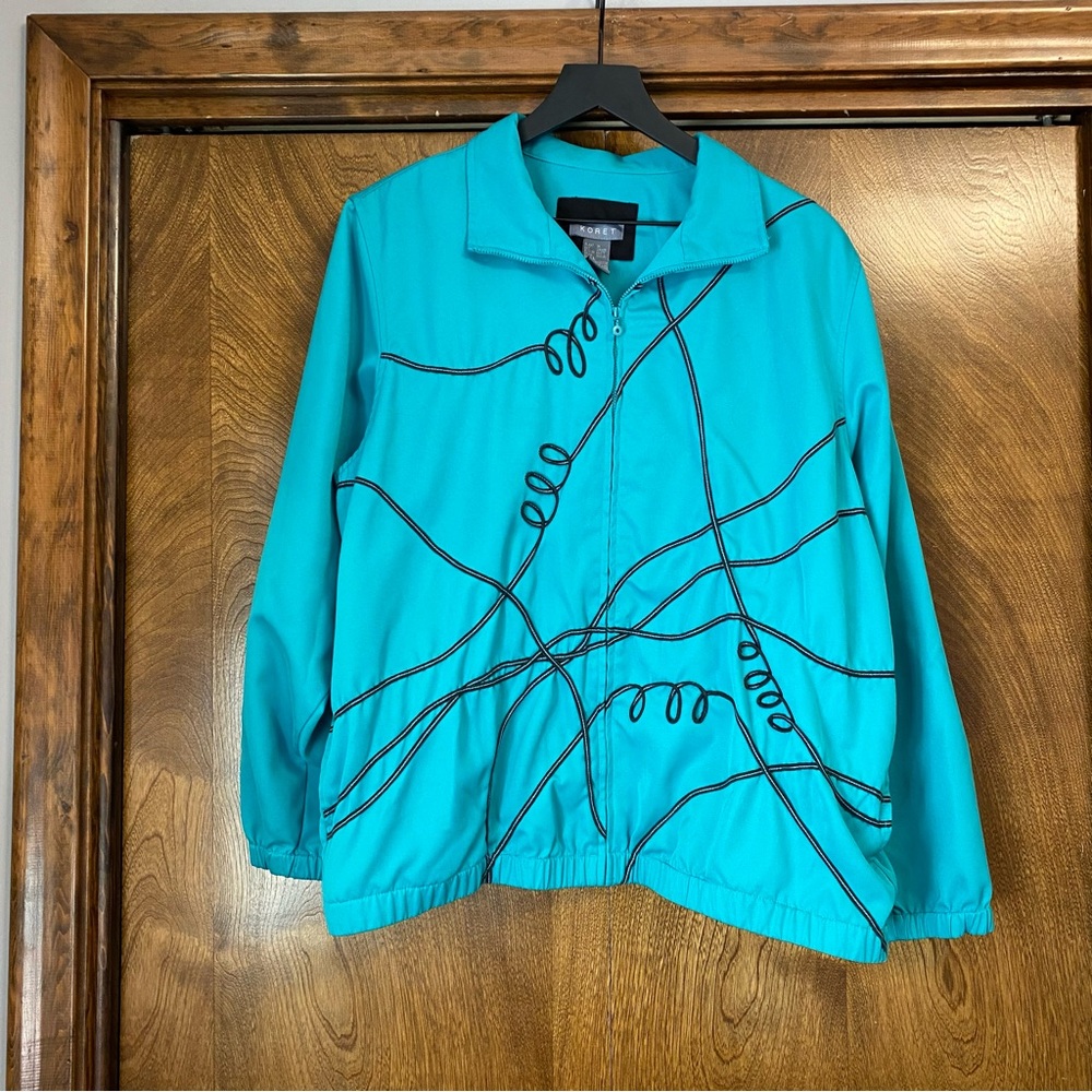 Teal Koret Jacket Black Line Design Vintage Women’s Large Embroidered Pockets